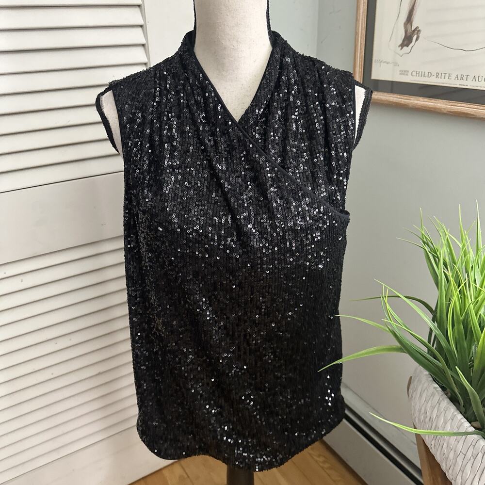 Chicos Black Label Top Womens 10 Black Sequin Sleeveless Faux Wrap Evening Glam